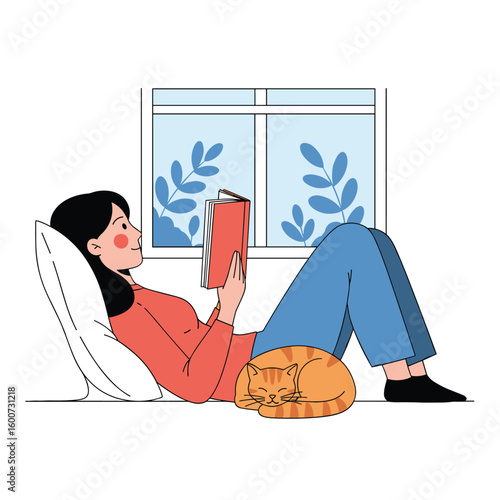 Relaxing woman enjoys reading book beside sleeping cat near window