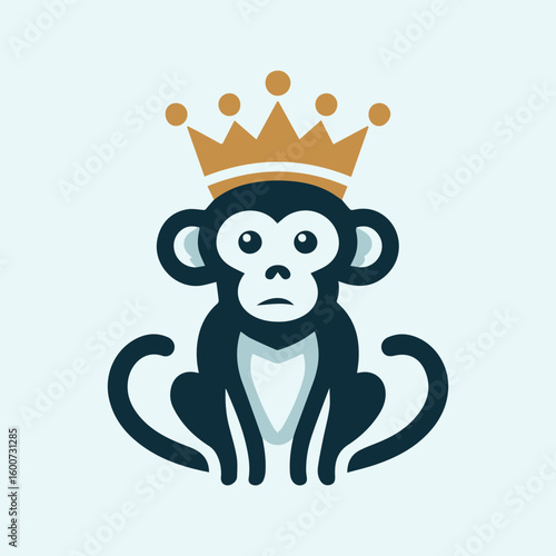Cartoon monkey wearing a golden crown sitting majestically with a serious expression on a light blue background