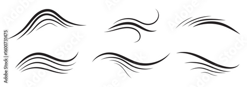 Doodle wind line sketch set. Hand drawn doodle wind motion, air blow, swirl elements. Sketch drawn air blow motion, smoke flow art, abstract line. Isolated on Dark background . vector illustration.