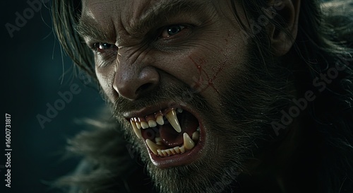 Close-up of a fierce werewolf snarling with sharp teeth and intense gaze