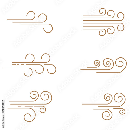 Wind linear sketch set, wind blow line icon. Isolated vector illustration. Wind motion, air blow, swirl elements. Air blow motion, smoke flow art, windy weather symbol, abstract curved line in eps 10.
