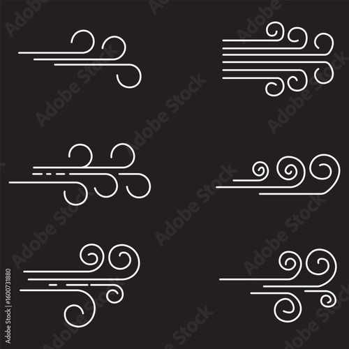 Doodle wind line sketch set. Hand drawn doodle wind motion, air blow, swirl elements. Sketch drawn air blow motion, smoke flow art, abstract line. Isolated on white background . vector illustration.