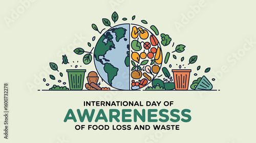 International Day of Awareness of Food Loss and Waste Poster with Leftover Food, Trash Bin and Save Food Icons