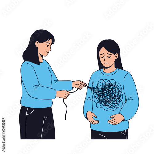 Two women helping with tangled thoughts and emotional support for mental well being