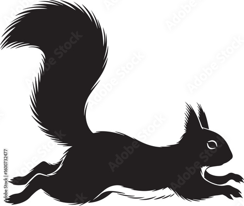 Black squirrel mid leap with bushy tail running silhouette