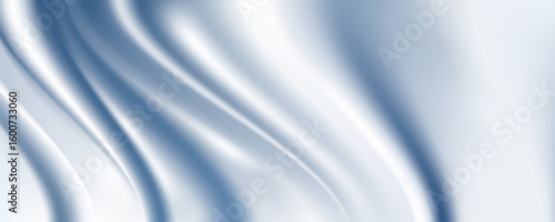 Abstract blue white luxury fabric wave background with copy space. Smooth liquid wave. Elegant shiny silk satin texture. Suit for wallpaper, cover, header, desktop, web, flyer. Vector illustration