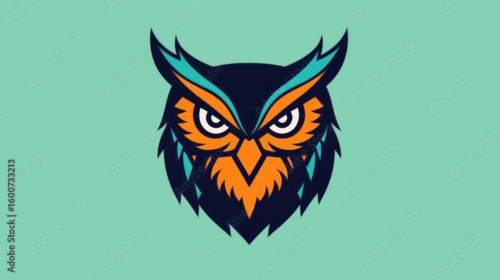 Fototapeta premium Stylized owl head graphic design on mint background for logo or branding
