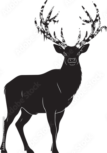 Black stag with large textured antlers standing deer animal