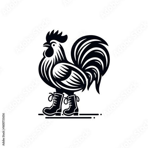 Stylized black and white rooster standing proudly wearing black boots on a white background