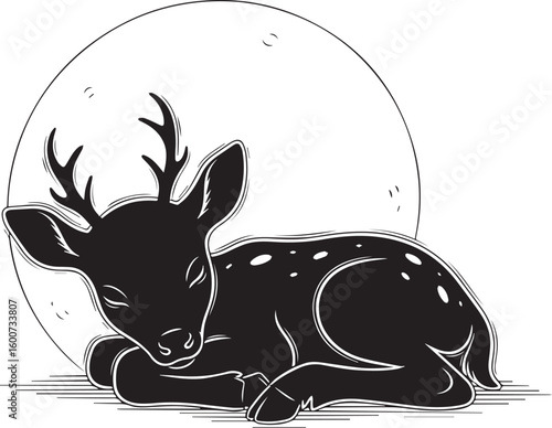 Sleeping fawn with antlers against a large moon deer