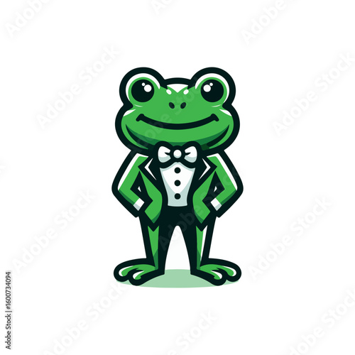 Charming cartoon frog wearing a smart green tuxedo and white shirt with a black bowtie