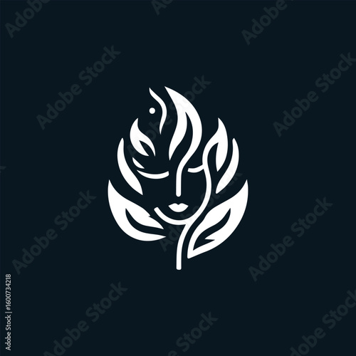 Elegant white stylized female face artfully integrated with flowing leaves and organic natural elements on dark background