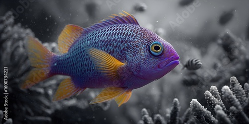 A vibrant purple and orange tropical fish swimming in a coral reef habitat