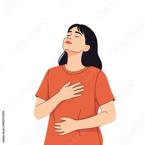 Woman with hands on chest feeling relief and calmness in a peaceful moment
