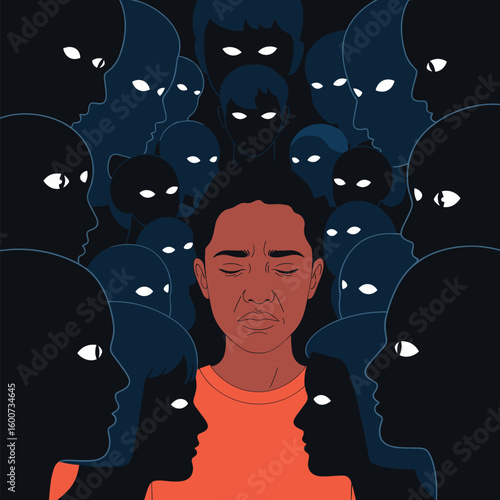 Facing intense scrutiny and judgment from many unseen figures of observation