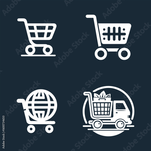 Collection of four white shopping cart icons representing online shopping and delivery services on a dark background