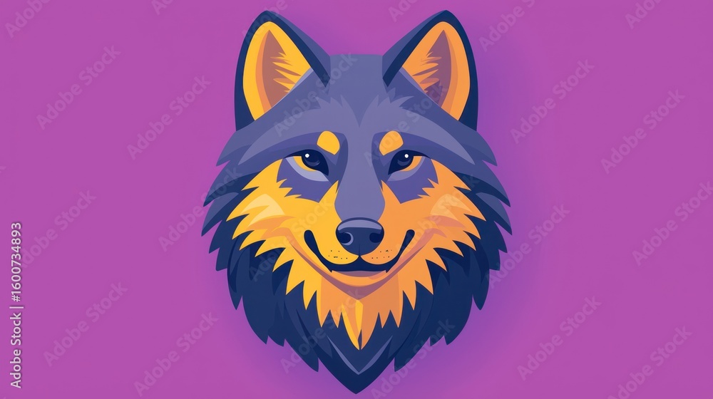 Fototapeta premium Cartoon wolf head portrait on purple background. Possible use Children's book illustration