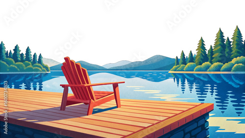 One cartoon Adirondack chairs on a wooden dock on a lake in Muskoka vector illustration	