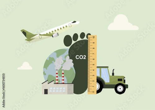 Carbon Footprint Measurement. CO2 emissions measurement with airplane, factory, tractor and ruler showing carbon footprint scale on earth background. Climate change. Flat style. Vector illustration