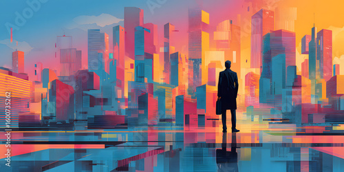 Silhouette of a person overlooking a vibrant, illuminated city skyline at dusk from a high vantage point