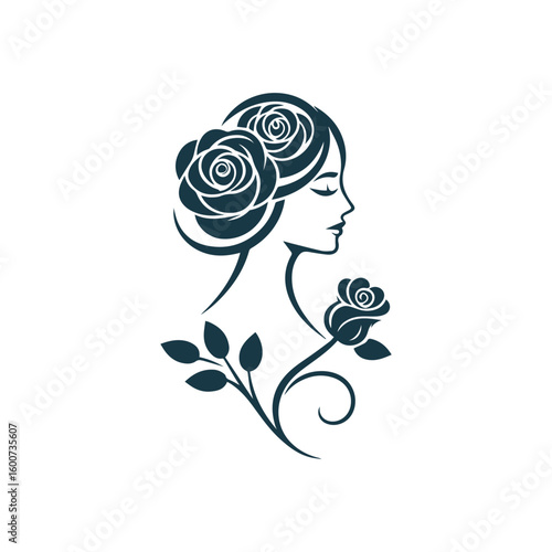 Elegant silhouette of a woman with roses in her hair and a single rose stem