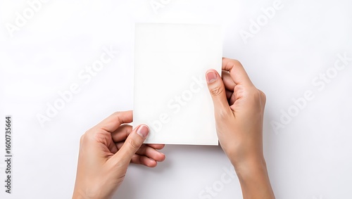 Hands holding a blank white card on a white surface in a well lit studio environment top down view