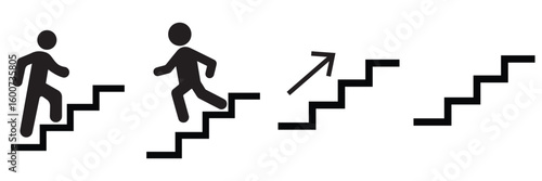 Stairs Icon Set – Man Climbing and Walking Up or Down Staircase Vector Symbol Collection 