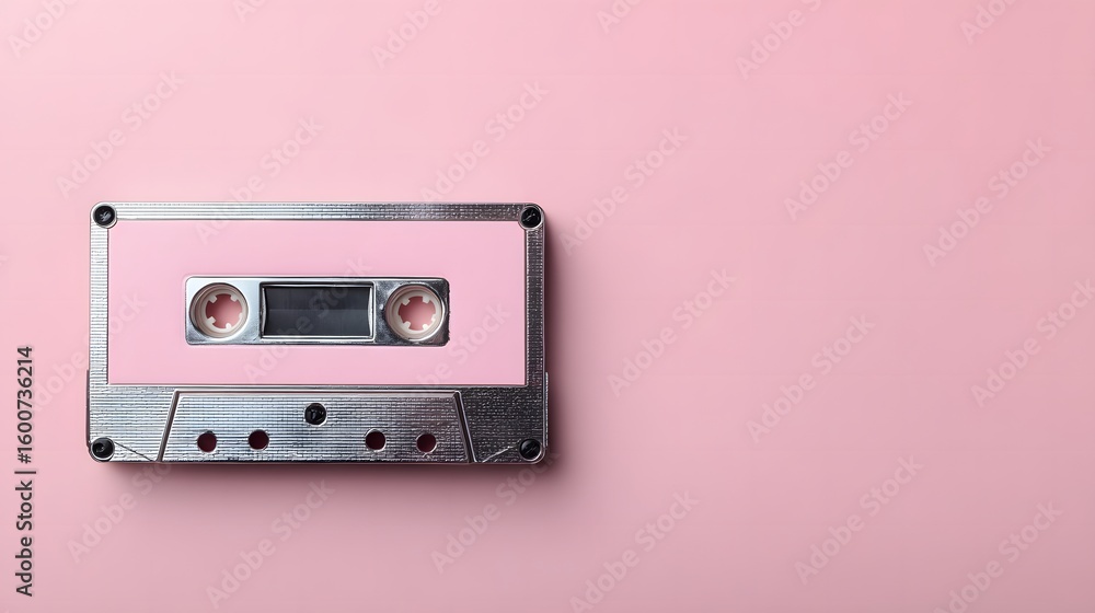 Fototapeta premium Vintage cassette tape on pastel pink background, retro music style