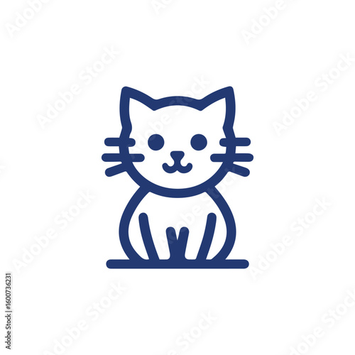 Simple and cute dark blue outline of a sitting cat with whiskers and a friendly face