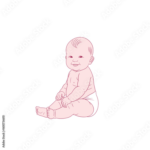 A cute baby sitting down wearing a diaper and smiling happily