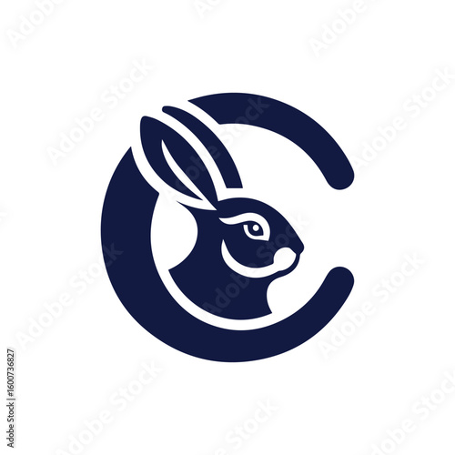 Stylized dark blue rabbit silhouette incorporated within a bold circular shape on a white background