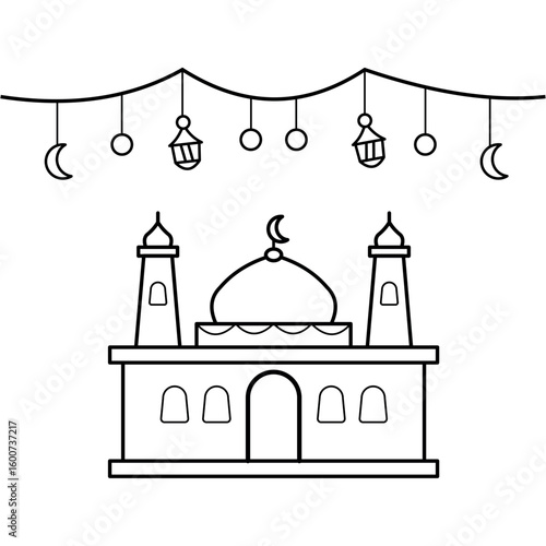 Simple line drawing of a mosque with crescent moons and lanterns hanging above for islamic celebrations