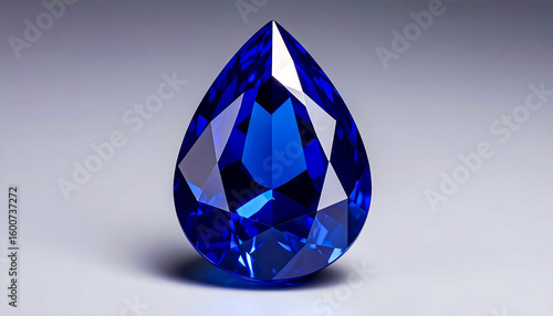 SAPPHIRE in a faceted PEAR shape lies on a grey surface; flat lay; wallpaper