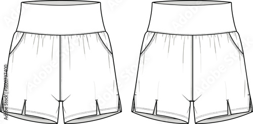 Running shorts technical flat, elastic waistband, side seam pocket, double front view, activewear shorts, cad drawing, vector fashion sketch