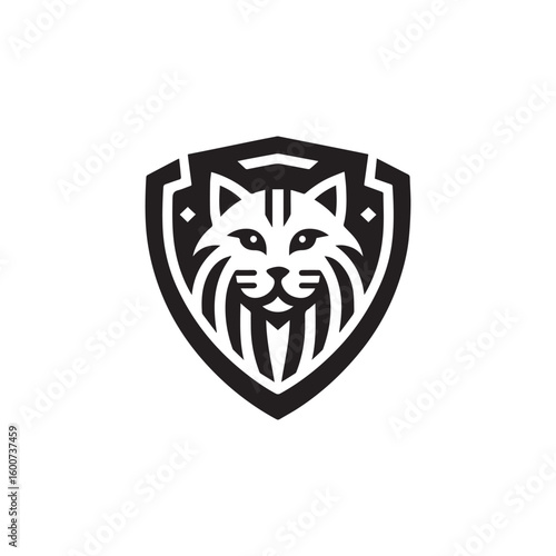 Modern geometric shield emblem featuring a stylized fierce cat face with bold lines and a black and white palette