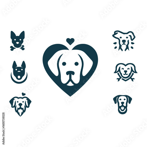 Collection of stylized dog logos and icons featuring different breeds and a central heart shaped dog portrait