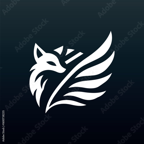 Elegant white stylized fox with majestic wings in a minimalist design against a dark background