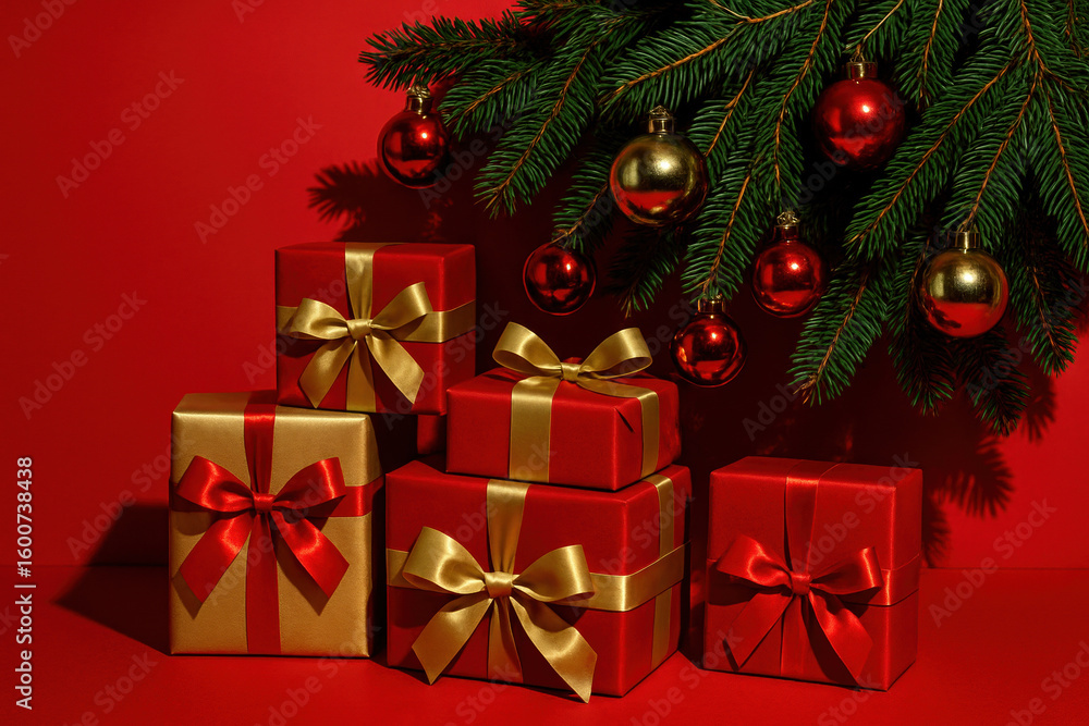 Obraz premium festive christmas scene with red and gold wrapped gifts under decorated tree branch with ornaments creating a joyful holiday atmosphere perfect for seasonal celebrations