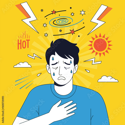 Man experiencing discomfort from intense heat and stress affecting his well being