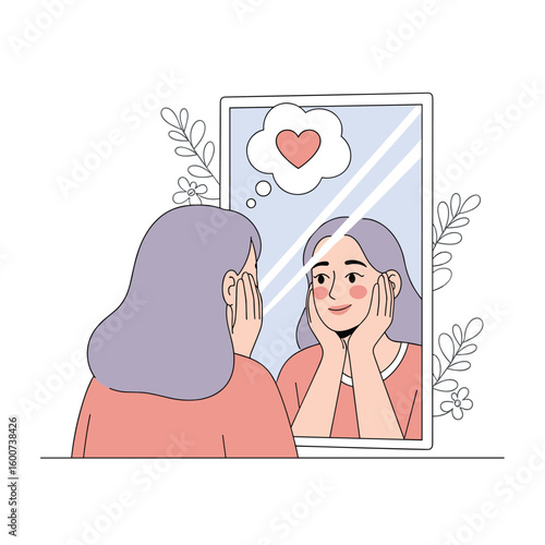 Young woman gazes lovingly at her reflection in a mirror while thinking about love