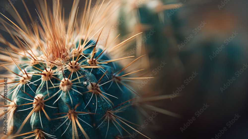 Obraz premium A close up shot of a small green cactus with long brown spikes in a blurred setting