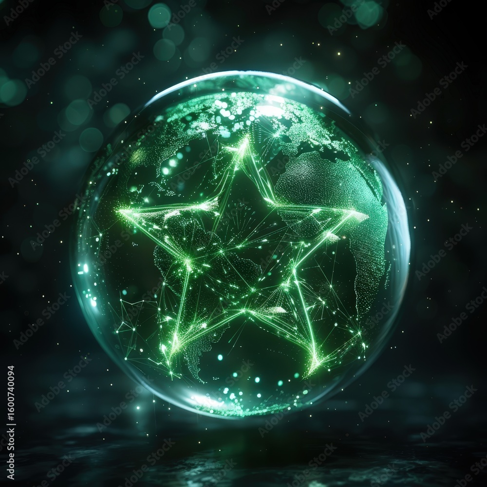 Naklejka premium A glowing green star is superimposed on a detailed digital globe, with network lines connecting points across the planet. This represents global success, top ratings, or a worldwide network of excelle