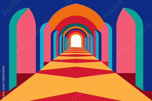 bright hallway with candy colored rugs and arches