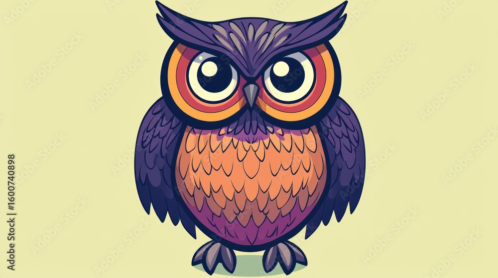 Fototapeta premium Cute cartoon owl, front view, simple background, for children's book illustrations, or educational materials