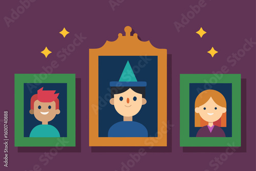 cartoon gallery with framed magical portraits