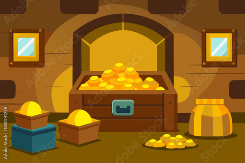 cartoon treasure room with gold coins and gems