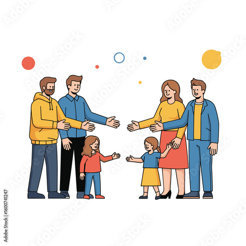 Two families meet and greet their children connecting with joyful expressions