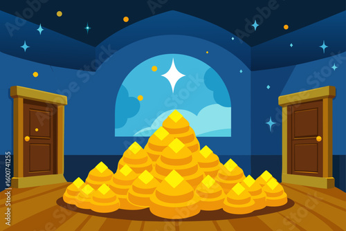 cartoon treasure room with gold piles and sparkle