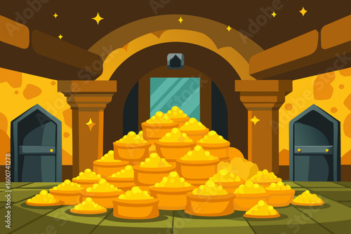 cartoon treasure room with gold piles and sparkle