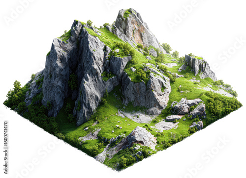 Isometric view of a rocky hilltop, lush green vegetation